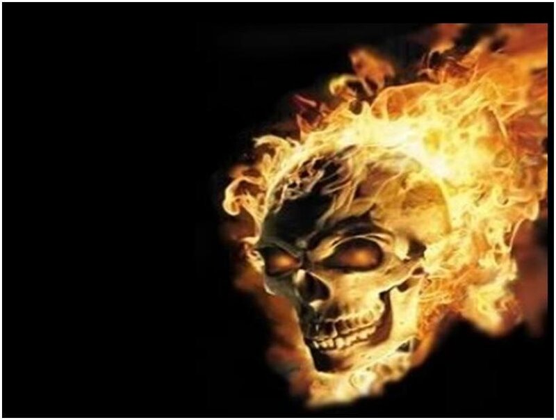 Flaming Skull — Black, Dramatic, Digital Art, Fire, Yellow, Orange