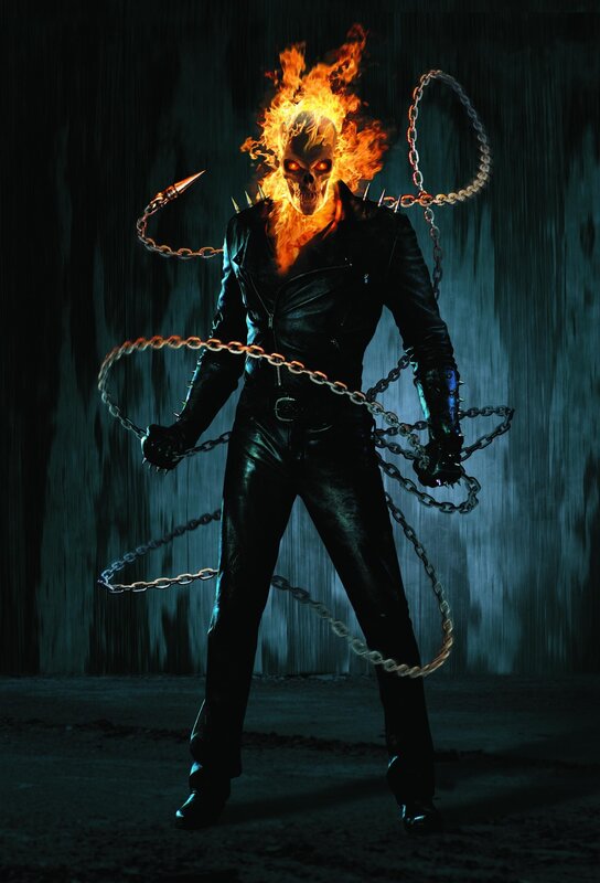 Flaming Skull Character — Black, Dramatic, Night, Digital Art, Chains, Fire, Orange, Blue, Portrait