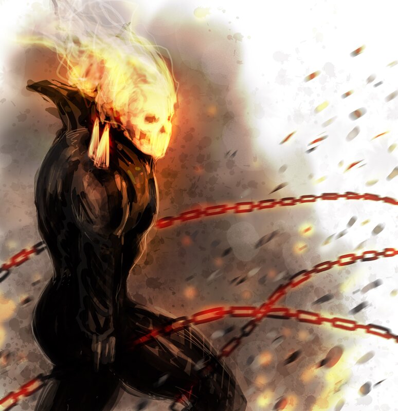 Flaming Skull Figure — Black, Dramatic, Digital Art, Chains