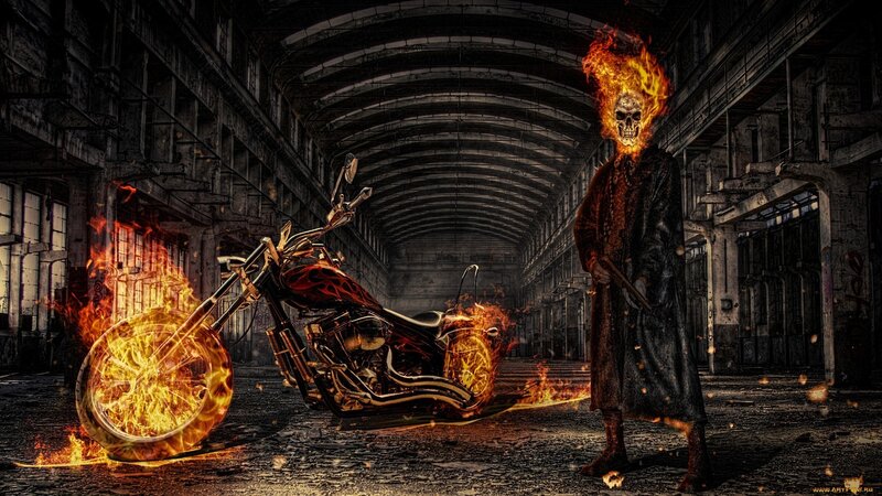 Flaming Skull Rider — Black, Dramatic, Digital Art