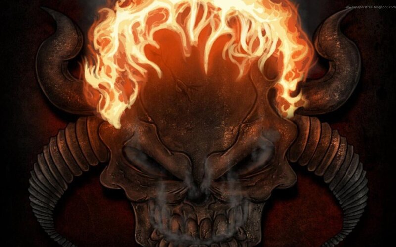 Flaming Skull with Horns — Black