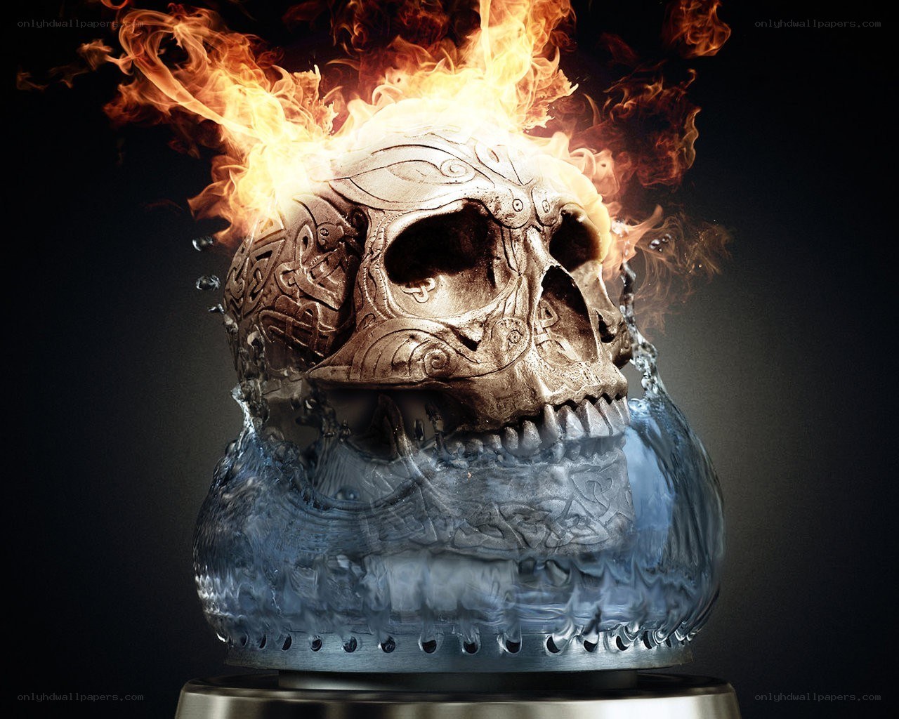 flaming skull with water