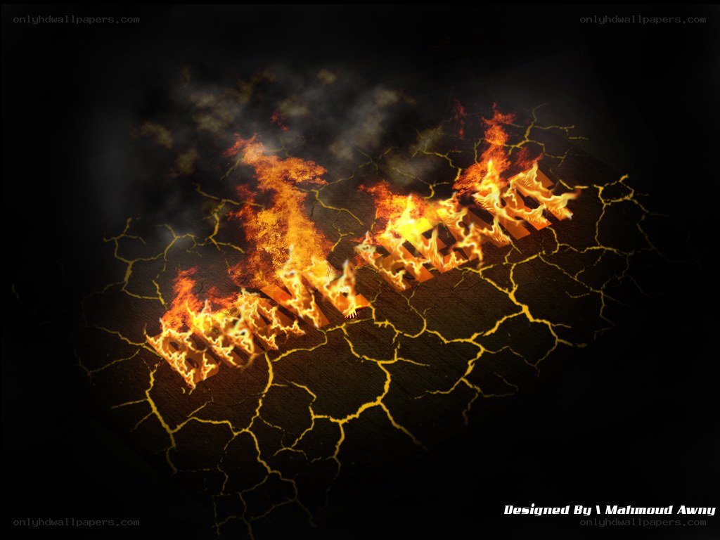Flaming text on cracked ground