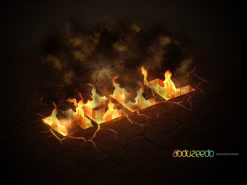 Flaming text on cracked ground
