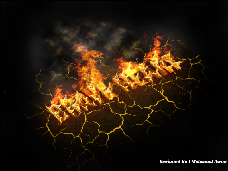 Flaming Text on Cracked Ground — Black, Dramatic, Digital Art