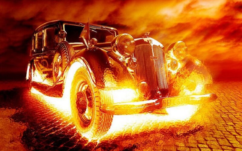 Flaming Vintage Car