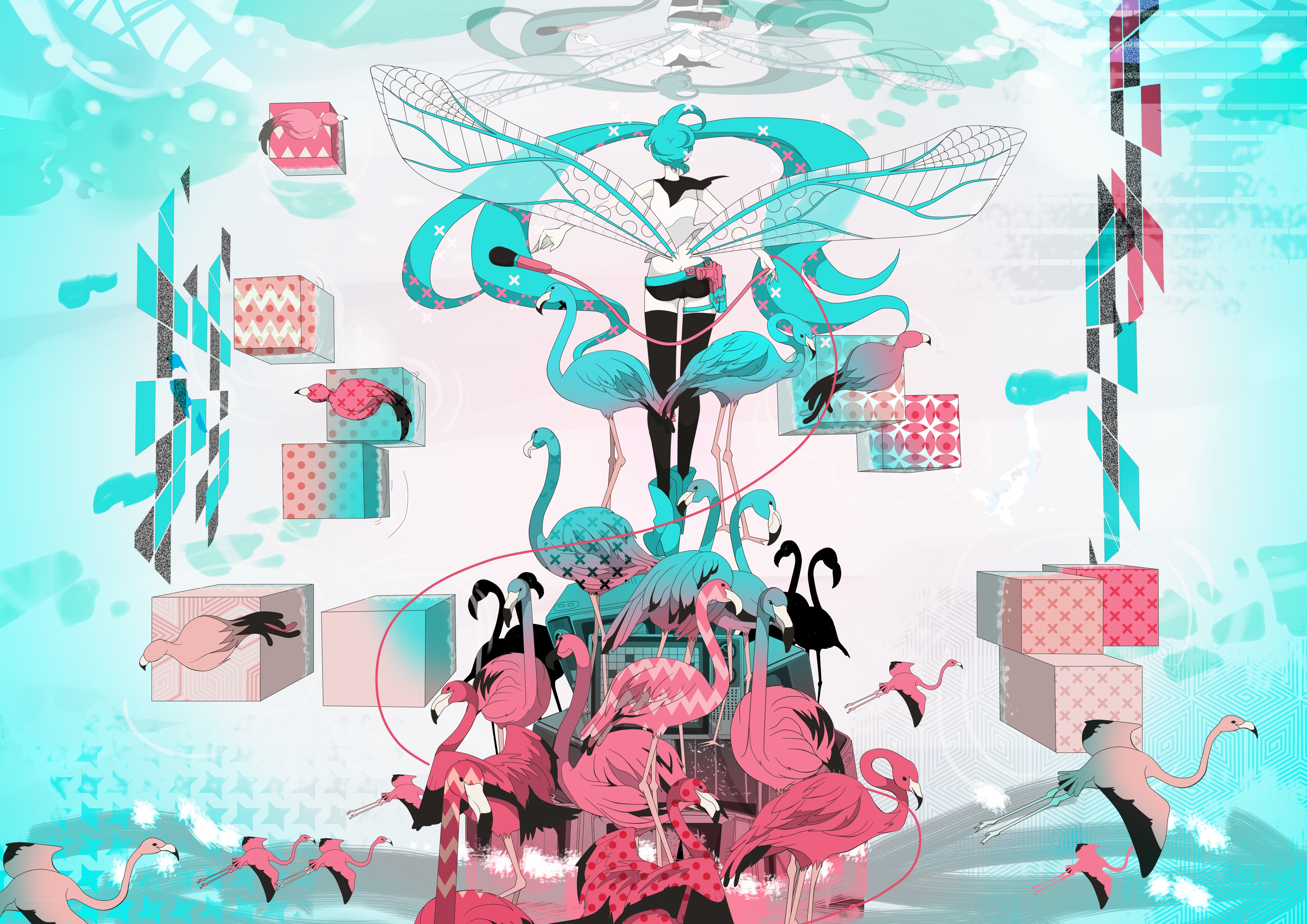 flamingo art with winged character