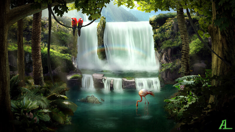 Flamingo at Waterfall