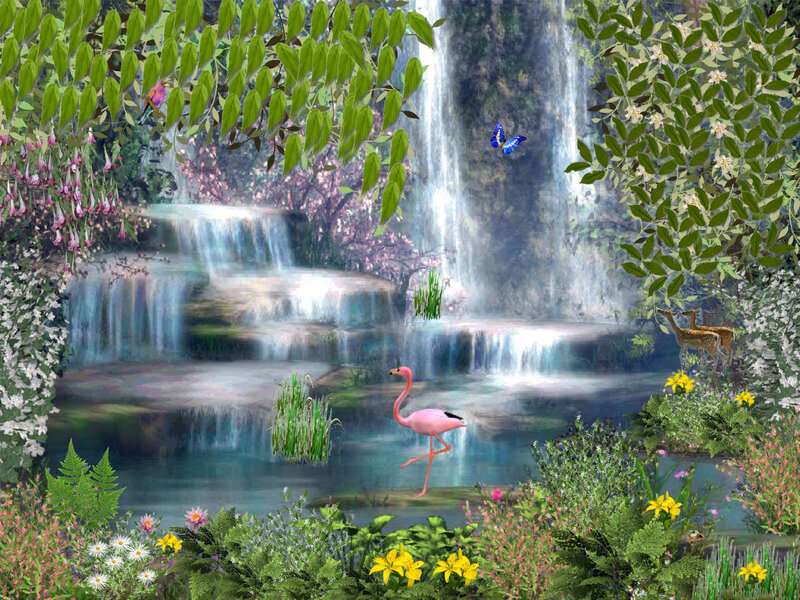 Flamingo by a waterfall