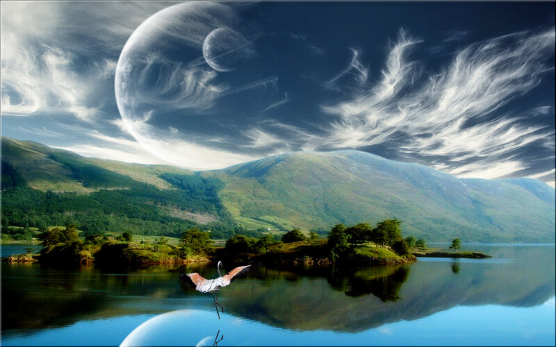 Flamingo Flying over Lake — Blue, Dramatic, Digital Art