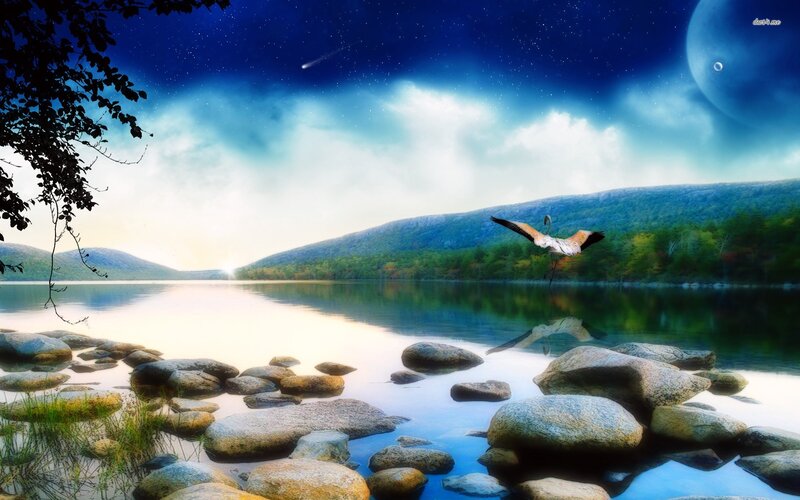 Flamingo Flying over Lake — Blue, Serene, Night, Digital Art