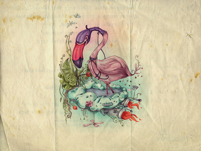 Flamingo with mechanical wings