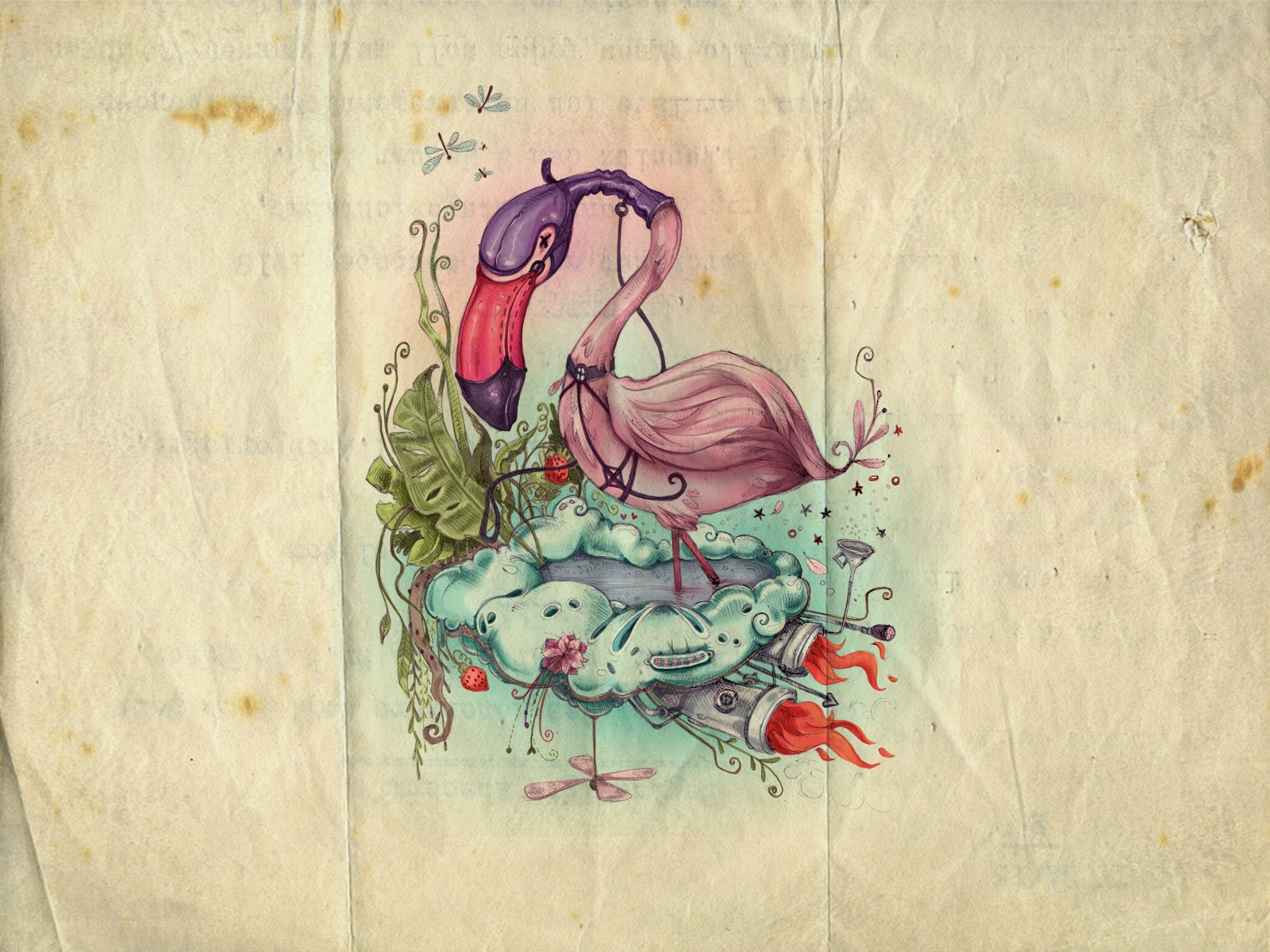 Flamingo with mechanical wings