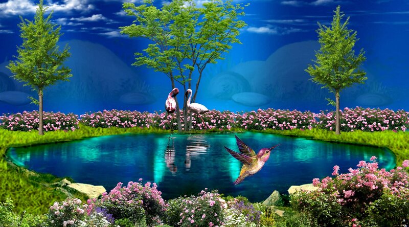 Flamingos and Hummingbird — Blue
