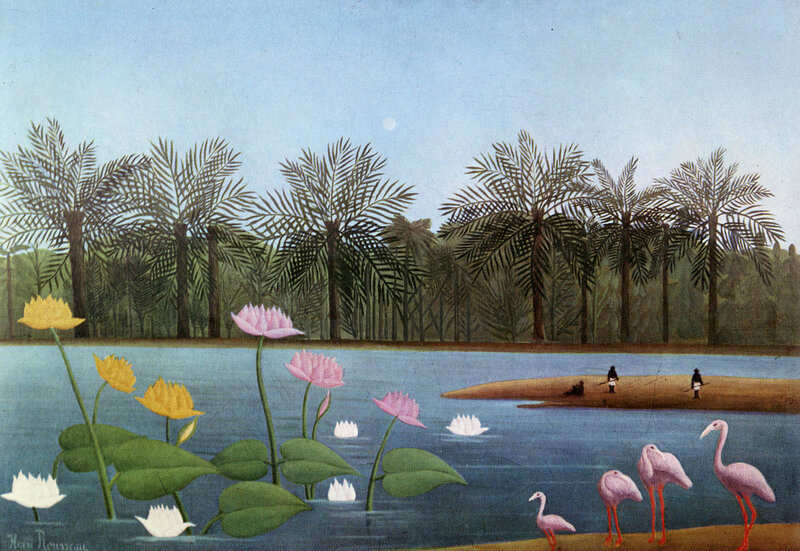 Flamingos in Pond — Blue