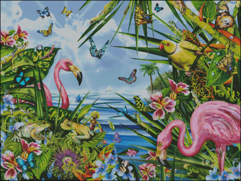 Flamingos in Tropical Garden