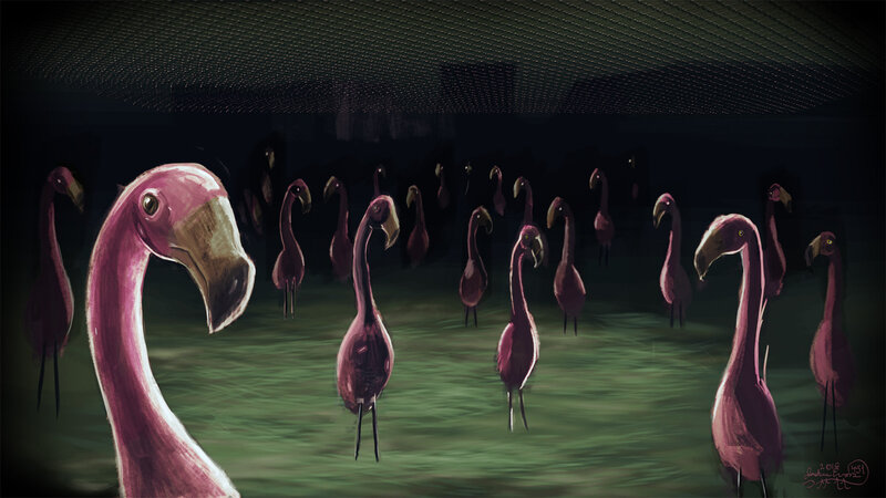 Flamingos in Water — Pink, Dramatic, Night, Digital Art