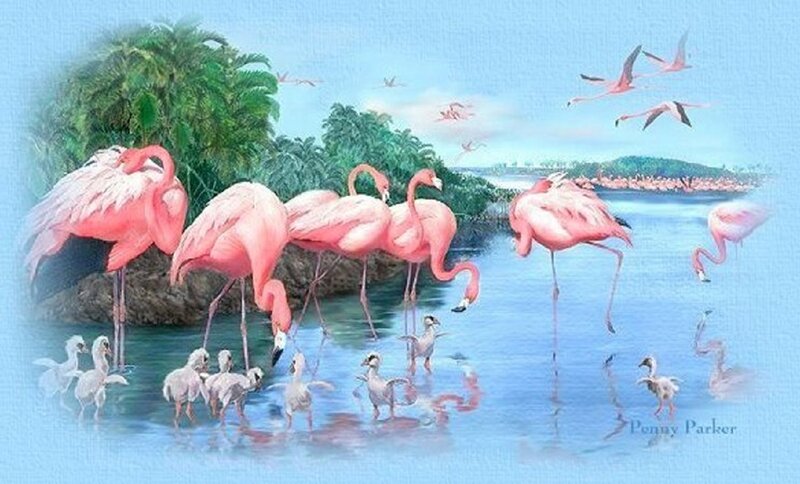 Flamingos in Water — Pink, Serene, Afternoon, Painting