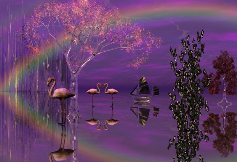 Flamingos on Purple Water