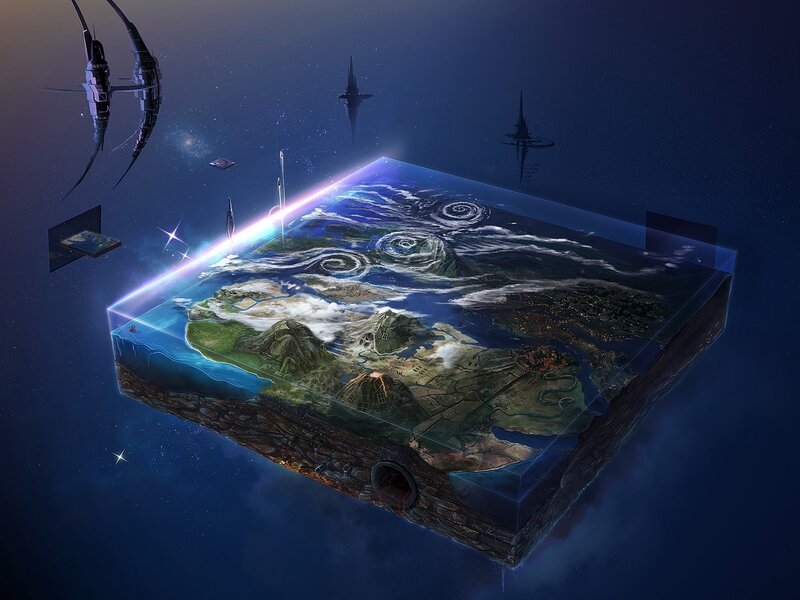 Flat Earth Model — Blue, Dramatic, Night, Digital Art, Spaceships, Stars, Clouds, Black