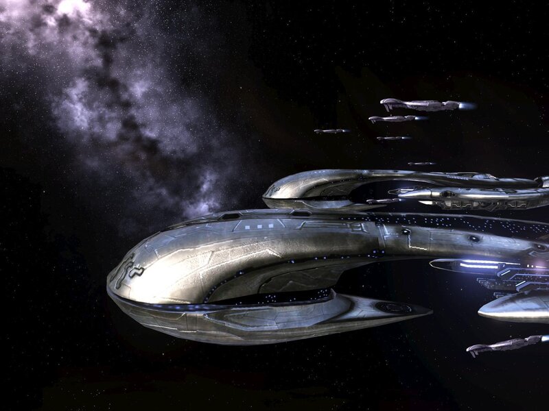 Fleet of alien ships in space