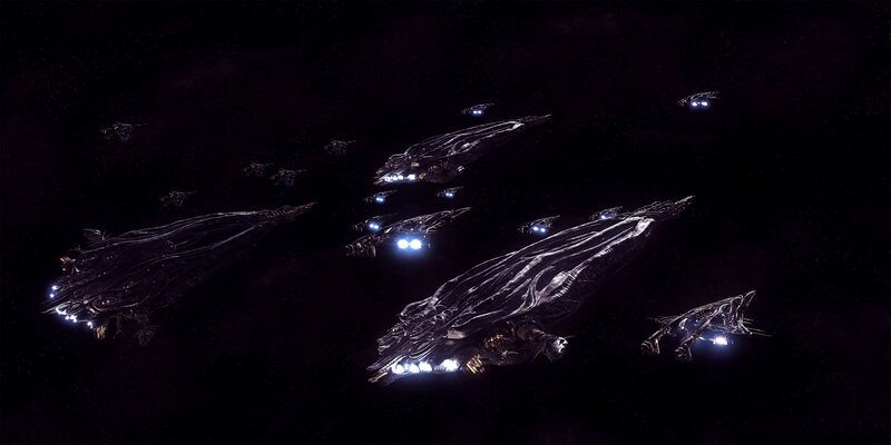 Fleet of alien warships in space