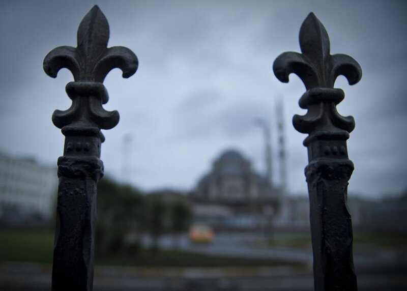 Fleur-de-lis fence posts with mosque