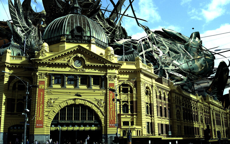 Flinders Street Station with sculpture