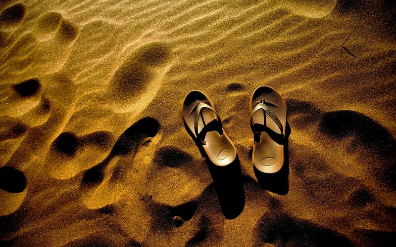 Flip-flops on Sand — Brown, Dramatic, Sunset, Photograph