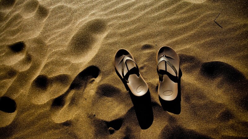 Flip-flops on Sand — Brown, Dramatic, Sunset