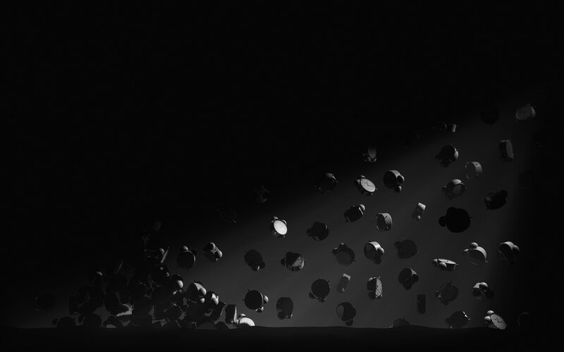 floating alarm clocks in darkness