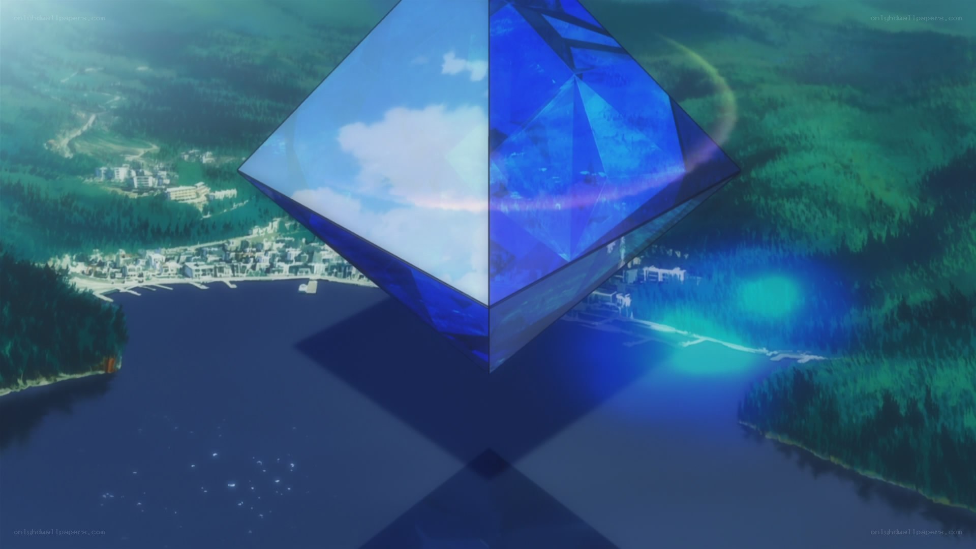 floating blue crystal over lake