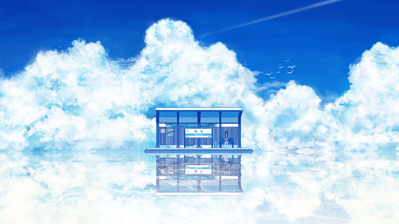 Floating bus stop in clouds