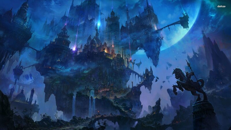 Floating Castle City — Blue, Dramatic, Night, Digital Art, Moon