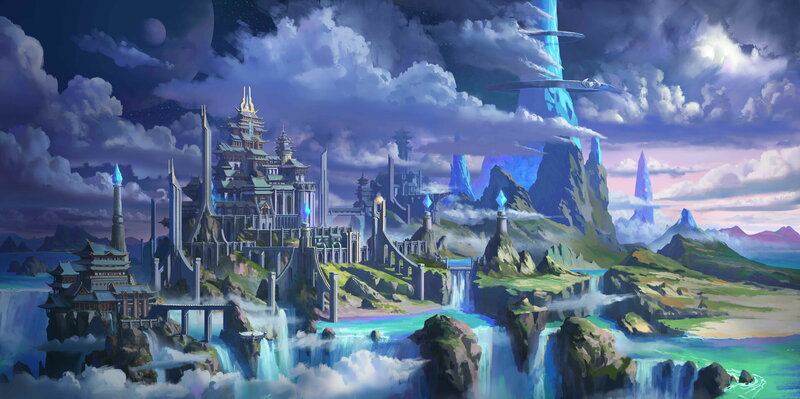 Floating Castle City — Blue, Dramatic, Night, Digital Art, Mountains