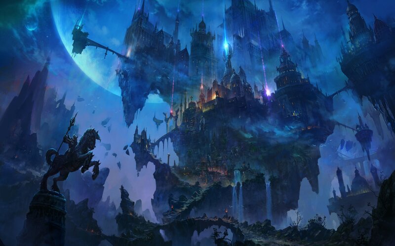 Floating Castle City — Blue, Dramatic, Night, Digital Art