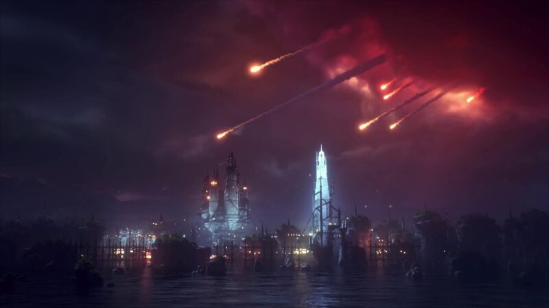 Floating Castle City — Purple, Dramatic, Night, Digital Art, Meteorites
