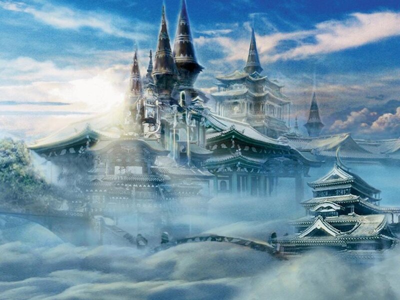 Floating Castle in Clouds — Blue, Serene