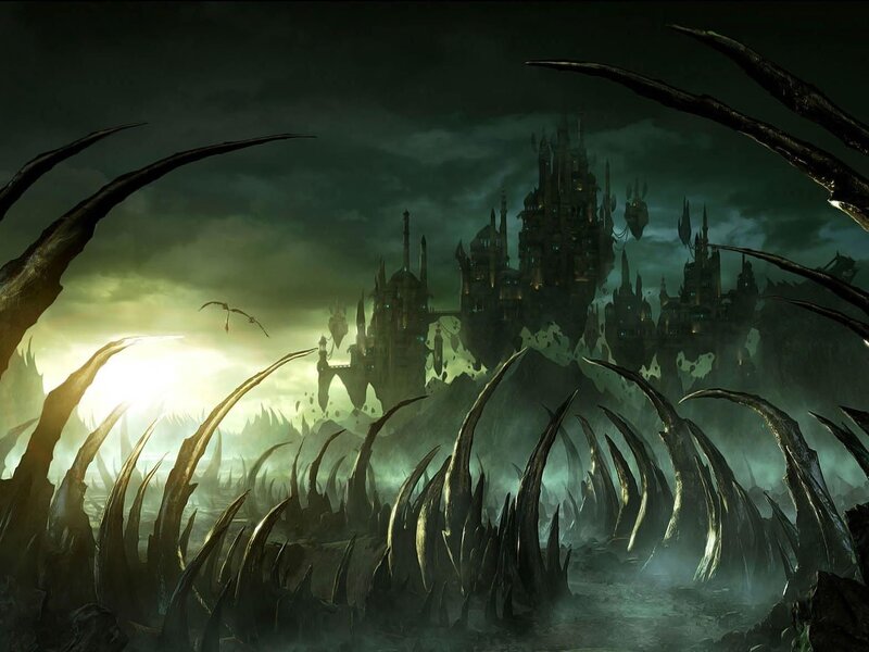 Floating Castle in Dark Landscape — Green, Night