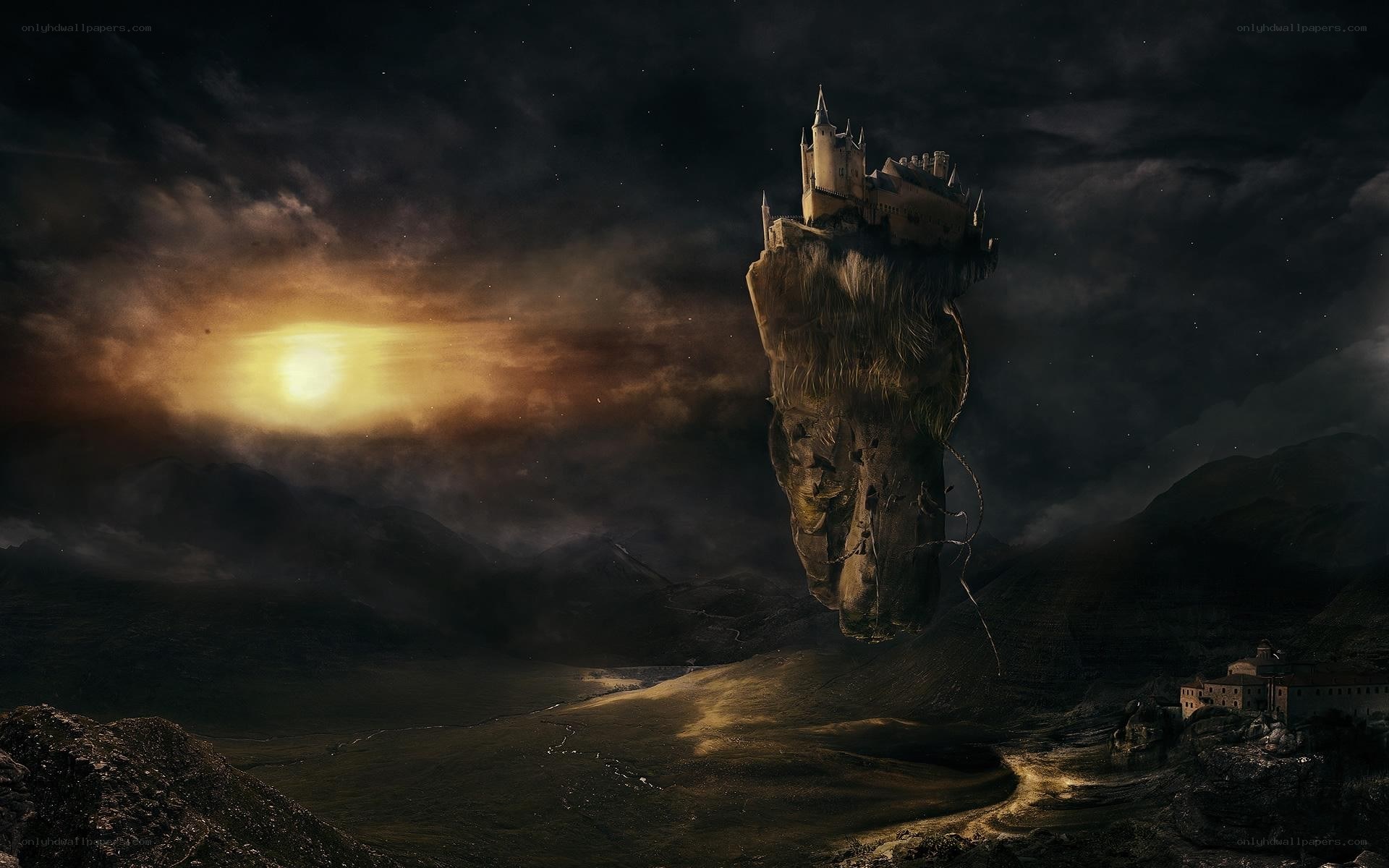 Floating castle in dark sky
