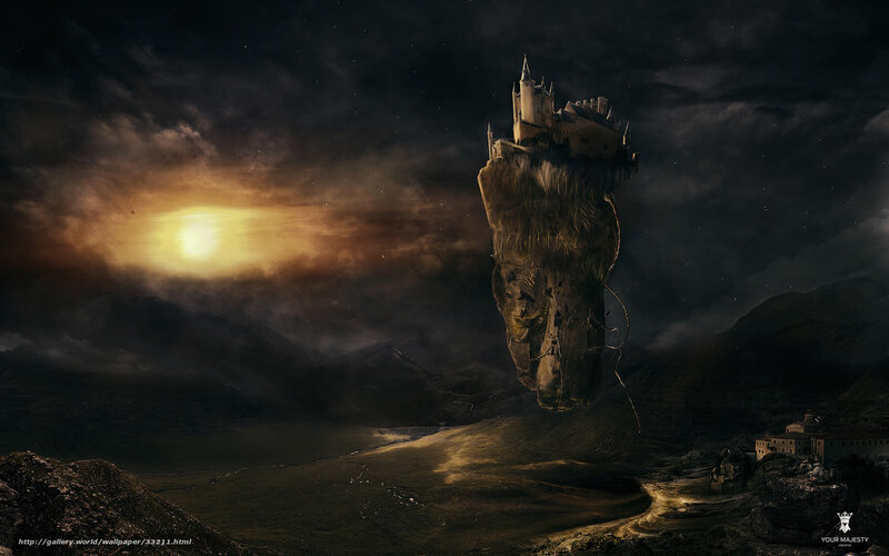 Floating castle in dark sky