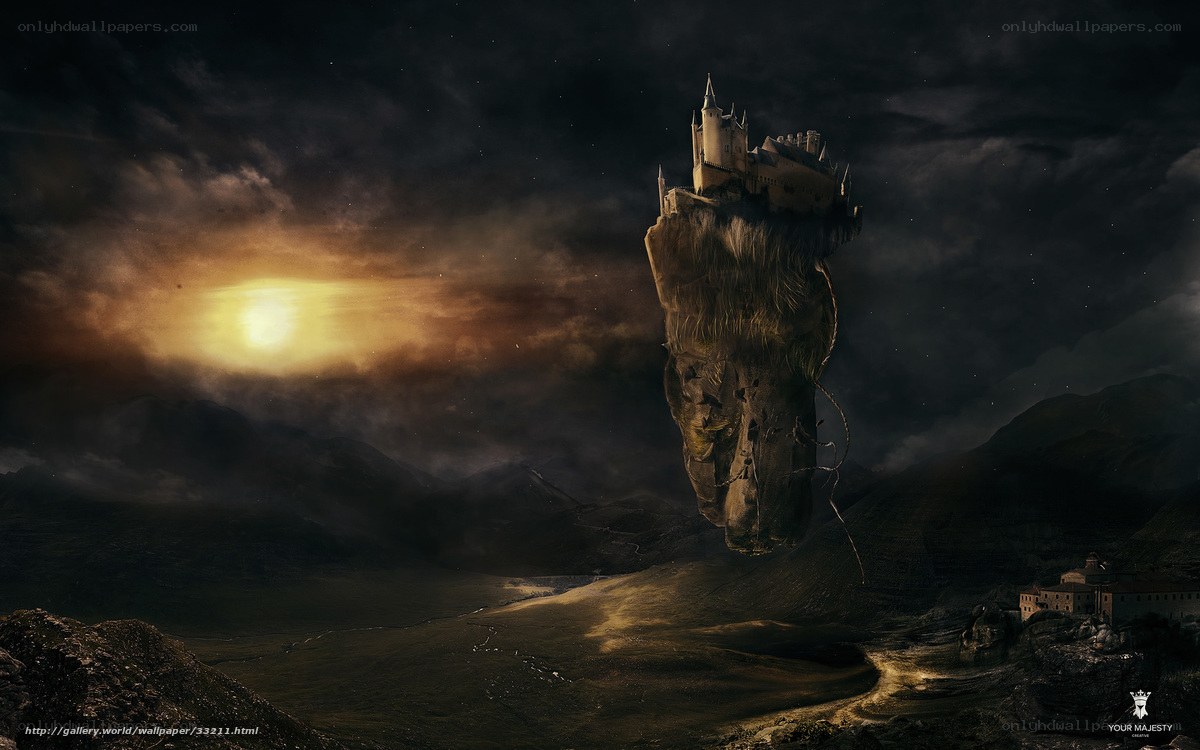 Floating castle in dark sky