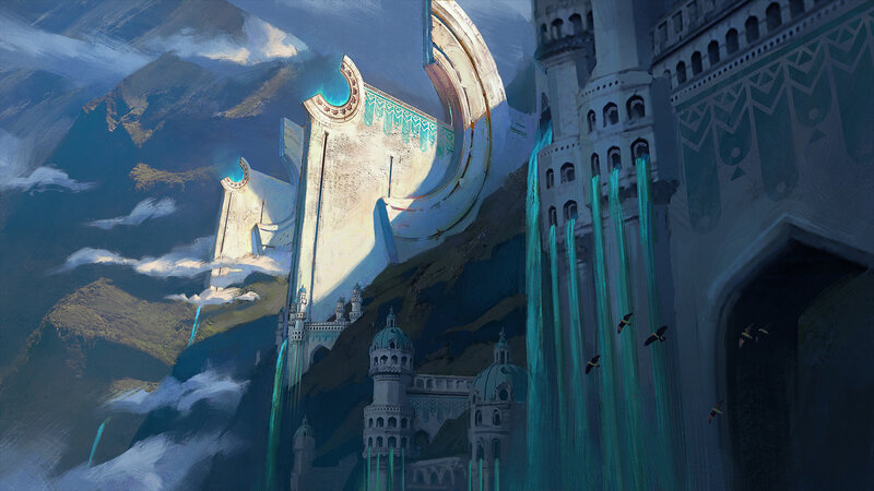 Floating Castle in Mountains — Blue, Dramatic