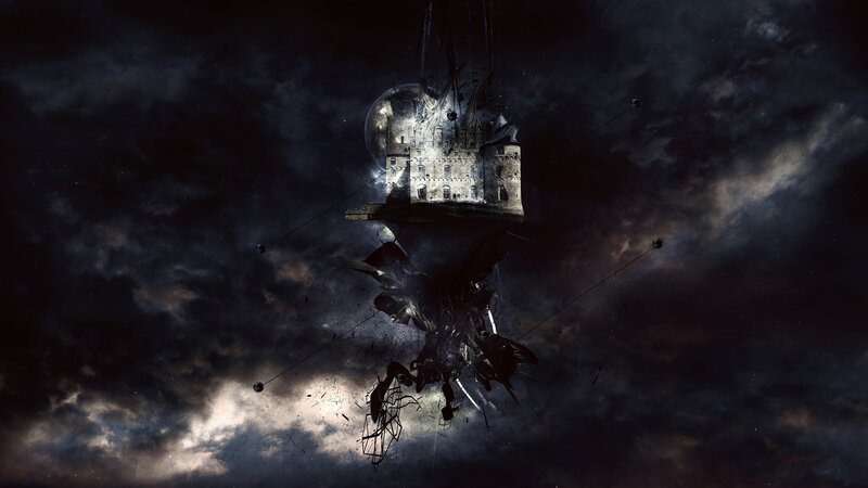 Floating Castle in Storm — Black, Dramatic
