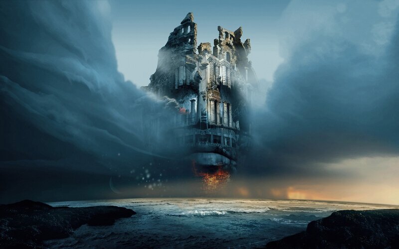 floating castle in storm