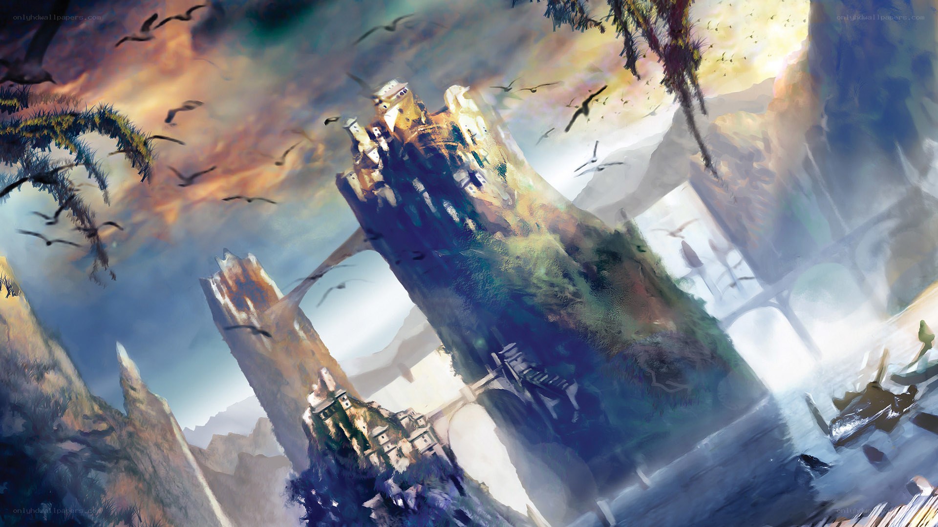 Floating castle in stormy sky
