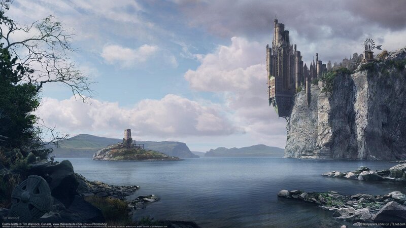 Floating Castle on Cliff — Blue, Dramatic, Afternoon, Digital Art, Island, Sea, Windmill, Gray