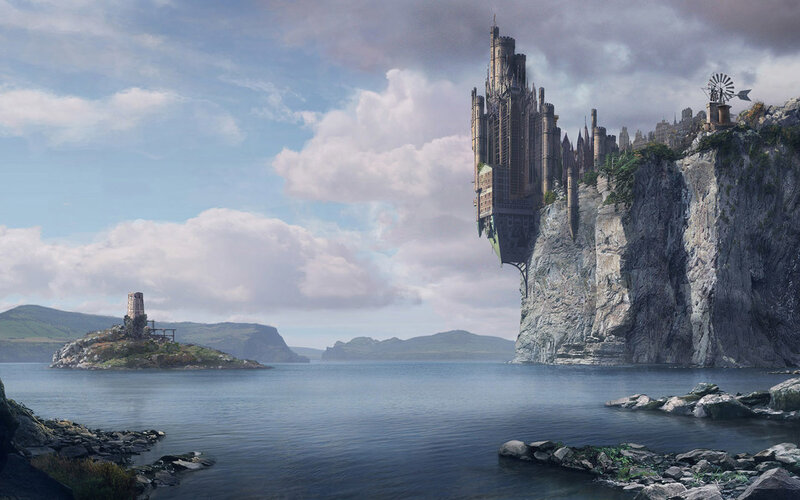 Floating Castle on Cliff — Blue, Dramatic, Afternoon, Digital Art, Island, Windmill, Gray
