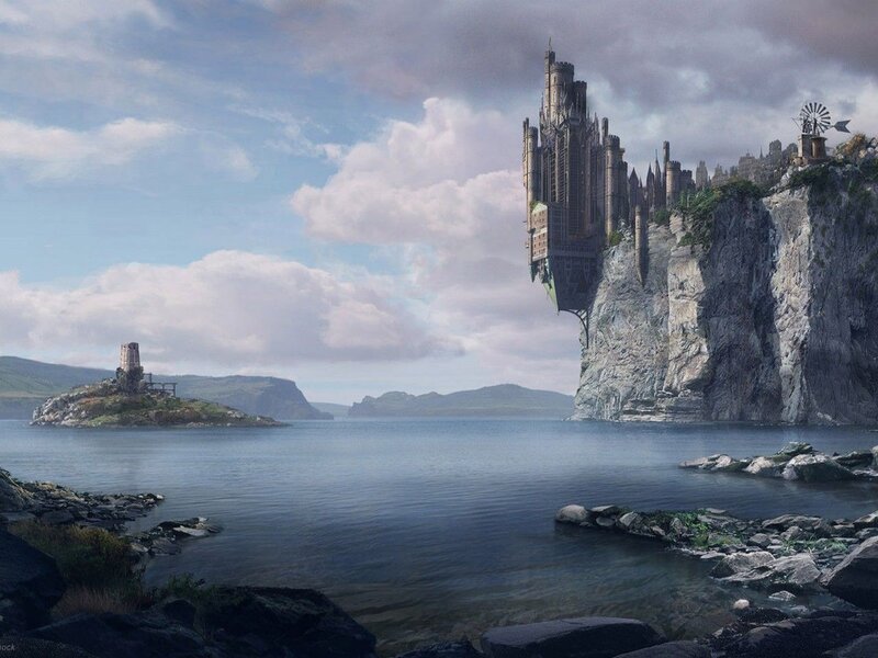 Floating Castle on Cliff — Blue, Dramatic