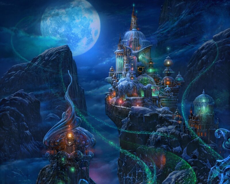 Floating Castle on Cliff — Blue, Mystical